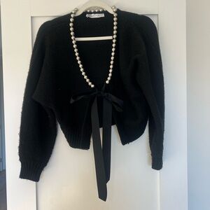 Zara Black Cardigan with Pearl Accents and Ribbon
